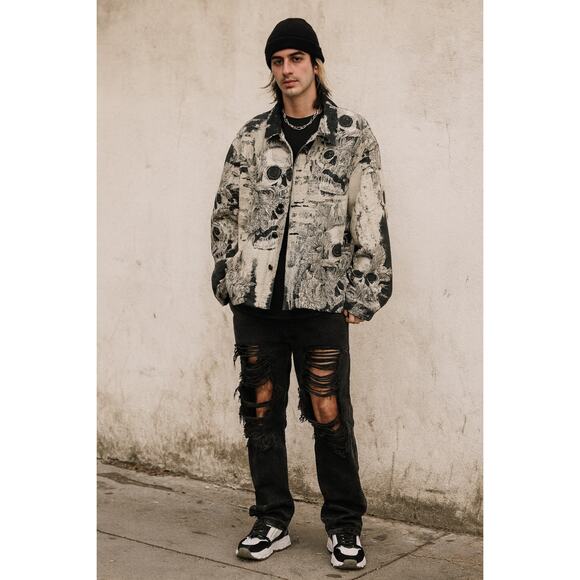 Rebel Vengeance Mens L Skull Button Up Streetwear Jacket Tapestry Punk Halloween - Picture 1 of 12